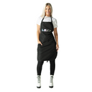 Black stylist apron with front pocket, neck strap, and waist ties