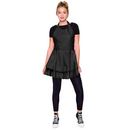Black stylist apron with neck strap, waist tie, and layered ruffle skirt