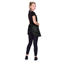 Black stylist apron with layered ruffle skirt and adjustable waist tie, side view