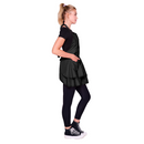 Black stylist apron with layered ruffle skirt, neck strap, and waist tie, side profile
