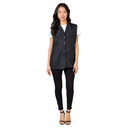 Black sleeveless button-front vest with flap pockets and stand collar