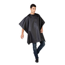 Black barber cape with draped poncho cut, lightweight textured seersucker fabric