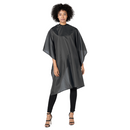 Black styling cape with high neckline and loose, draped fit