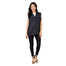 Black sleeveless vest with button front, flap pockets, and V-style collar