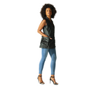 Black sleeveless zip-front vest with side pockets and curved hem