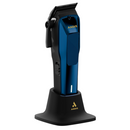 Andis Phenom navy clipper in its black charging stand, shown at an angle