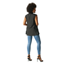 Black sleeveless vest with zip front, back yoke seam, and side pockets