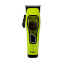 Neon green cordless hair clipper with side controls and black blade assembly
