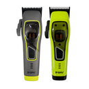 Gray and neon green cordless hair clippers with black blades and control panels