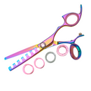Rainbow texturizing hair shears with pink-blue finger loops and serrated thinning teeth