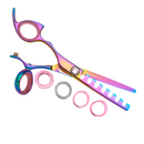 Rainbow hair texturizer shears with thumb-ring handles and toothed thinning blade