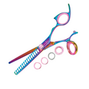 Rainbow texturizing hair shears showing rainbow handle rings and comb-like teeth
