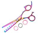 Rainbow thinning shears with blue-accent finger loops and textured comb tooth edge