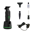 Cordless clippers with comb guards, blade attachment, oil bottle, and charging cord
