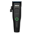 Black cordless hair clipper with blue blade and green power button