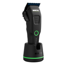 Black cordless hair clipper with side lever and green LED power icon