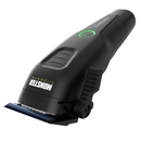 Angle view of black hair clipper with blue cutting blade and green ring button