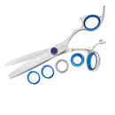 30-tooth stainless steel texturizing shears with blue rings and shark-fin handle