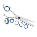 Stainless steel hair texturizing shears with 30-tooth edge and blue circular rings