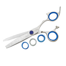Shark-fin style 30-tooth texturizer shears in stainless steel with blue finger loops