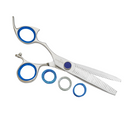Stainless steel 30-tooth texturizer shears with blue finger rings and comb teeth