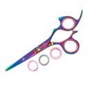 Rainbow hair cutting shears with two finger rings and engraved handle