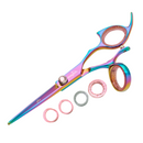 Rainbow hair cutting shears with pivot screw and multiple spare ring sizes