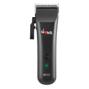 Black hair clipper with metal taper blade and green indicator light on handle