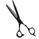 Black thinning shears with serrated comb teeth and finger loops, open blades