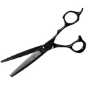 Black thinning shears with serrated comb teeth, thumb and finger loops