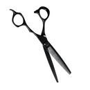 Black thinning shears close-up with serrated blade and finger loops