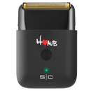 Black single-foil electric shaver with gold foil head, power button and green light