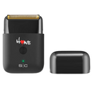 Black shaver with gold foil head and protective cap, green power light