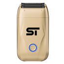 Gold electric foil shaver with dual cutting head and blue power button
