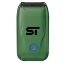 Green electric foil shaver with dual cutting head and blue power button