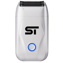 White electric foil shaver with dual cutting head and blue power button