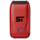 Red electric foil shaver with dual cutting head and red-blue power button