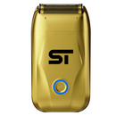 Gold electric foil shaver with dual cutting head and blue power button