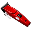 Red cordless hair clipper, angled view with black blade guard