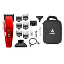 Red cordless hair clipper accessory set with clipper, guards, cable, and black pouch