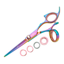 Rainbow hair cutting shears with finger rings and pivot screw