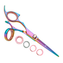 Rainbow hair cutting shears with finger holes; spare ring inserts shown