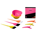 Neon glow color kit tools with mixing bowls, foam brushes, and color box