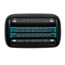 Foil shaver replacement head with two metallic cutters in black housing and green grips.