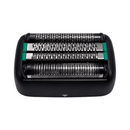 Foil shaver replacement head showing dual foil cylinders and center trimmer in black case.