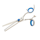 Professional texturizing shears with blue ring grips and shark-fin serrated cutting edge