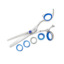 Professional shark-fin texturizing shears with blue finger rings and silver serrated blade