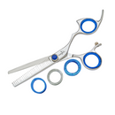 Professional shark-fin shears with blue finger rings and silver blade with fine teeth