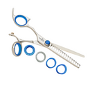 Stainless shark-fin texturizing shears with blue finger rings and comb-style tooth pattern