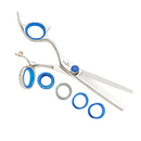 Professional texturizing shears showing blue finger rings and silver serrated cutting section